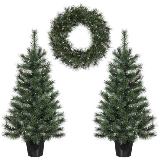Glendon, ensemble de 2 sapins de Noël et 1 couronne avec éclairage LED, vert