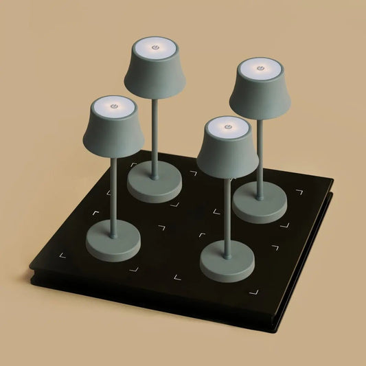 Combi set professionnel - 4 x de pijp mini souris gris gris lampes de table rechargeable et 1 x poste de charge sans fil Amstel avec Qi-Technology - parfait pour les restaurants, l'hospitalité et les hôtels