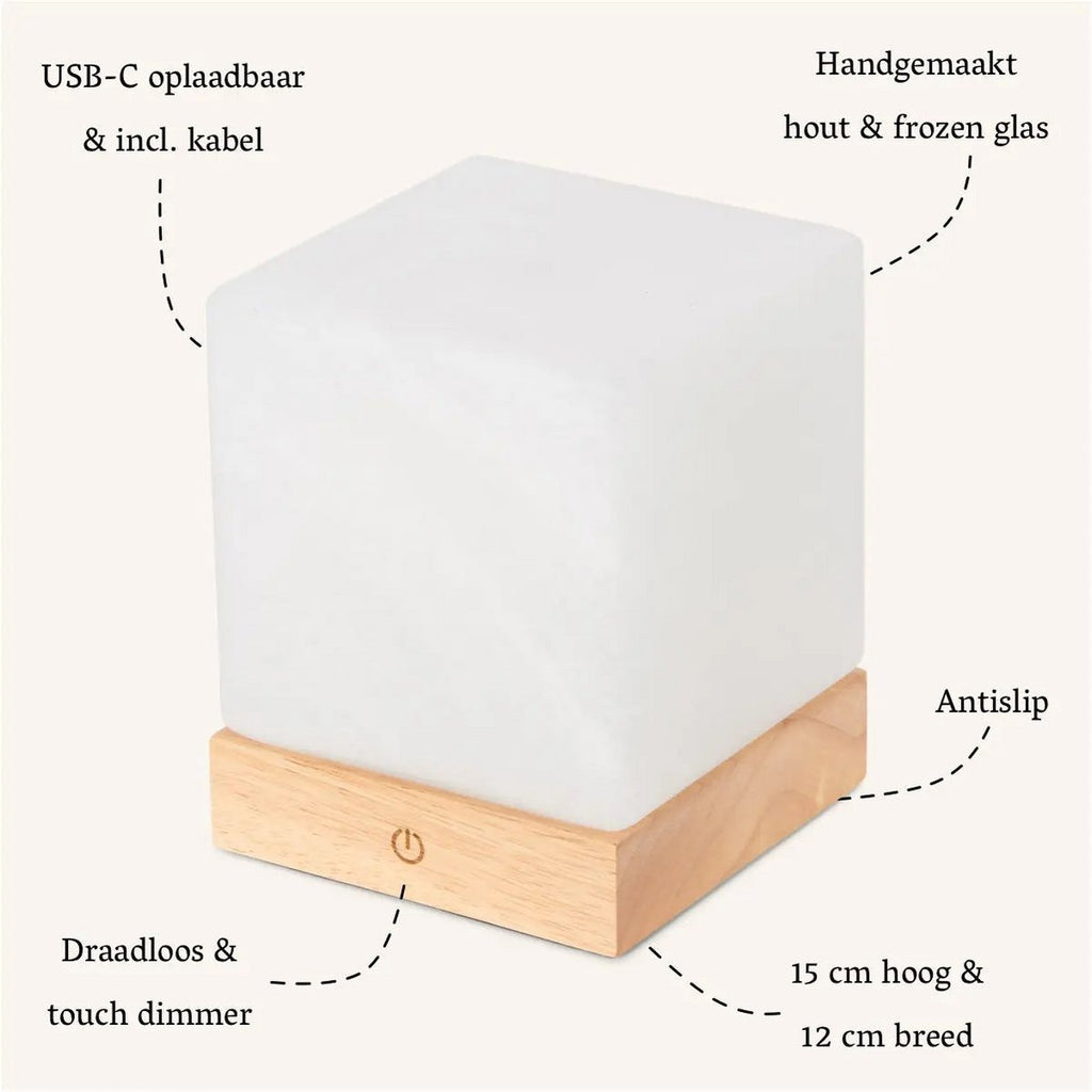 Lampe en bois sans fil brun clair avec verre congelé - batterie rechargeable, dimmable, 100 heures