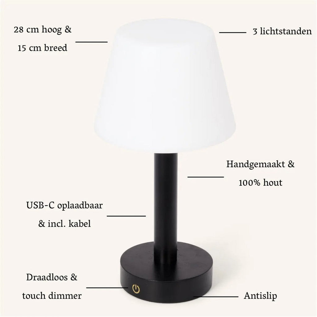 Lampe de table rechargeable en bois noir "Zoë" | Intensité variable et portable | Autonomie de la batterie de 80 heures