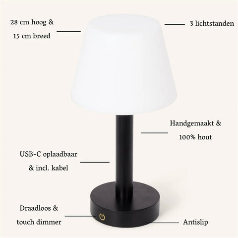 Lampe de table rechargeable en bois noir Zoë | Intensité variable et portable | Autonomie de la batterie de 80 heures