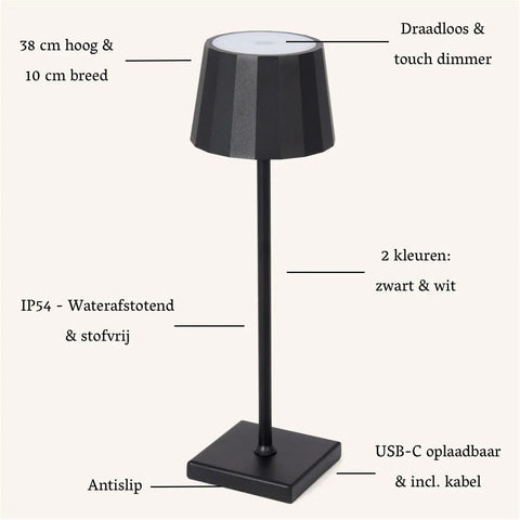 Lampe de table rechargeable en fer William Black – Batterie 120 heures, intensité variable, chargement USB-C