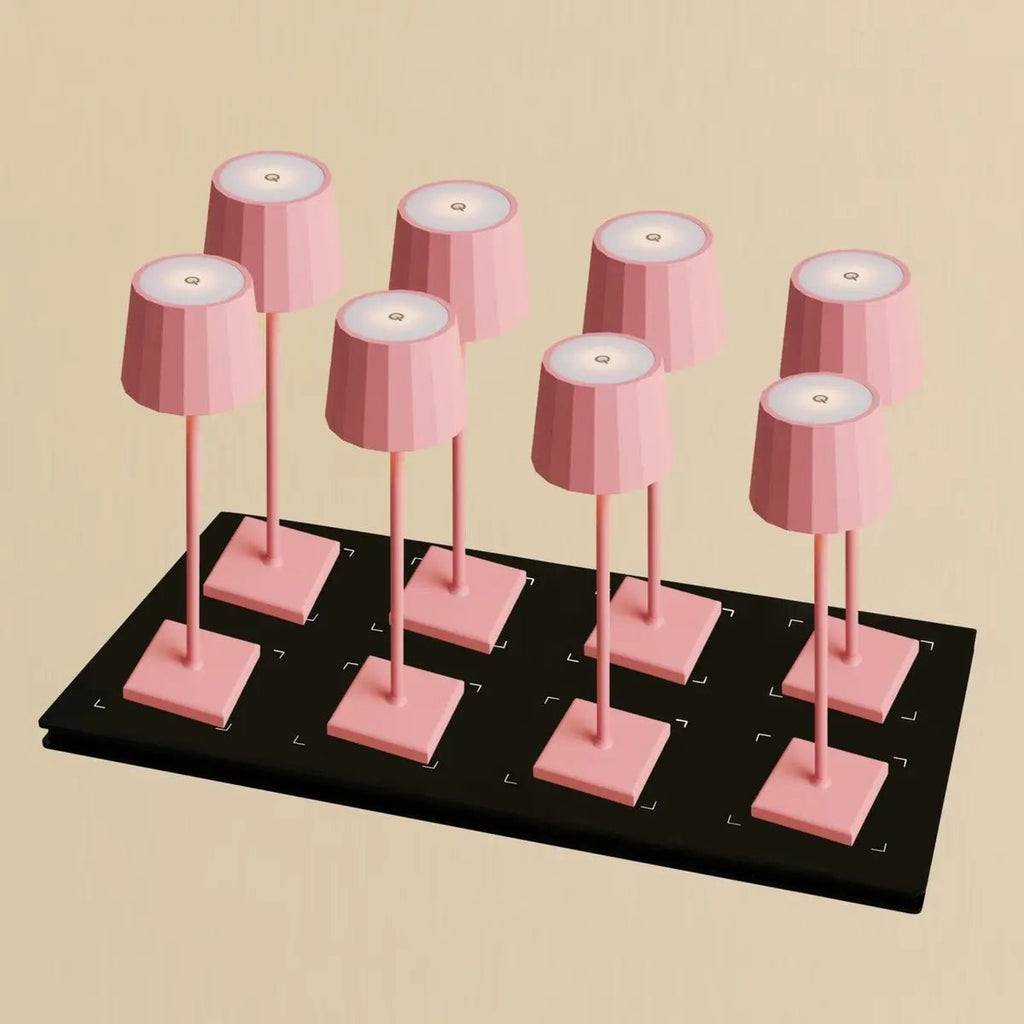 Combi set professionnel - 8 x wouter flamanto rose rechargeable lampes de table et 1 x station de charge sans fil avec Qi-technologie - parfait pour les restaurants, l'hospitalité et les hôtels