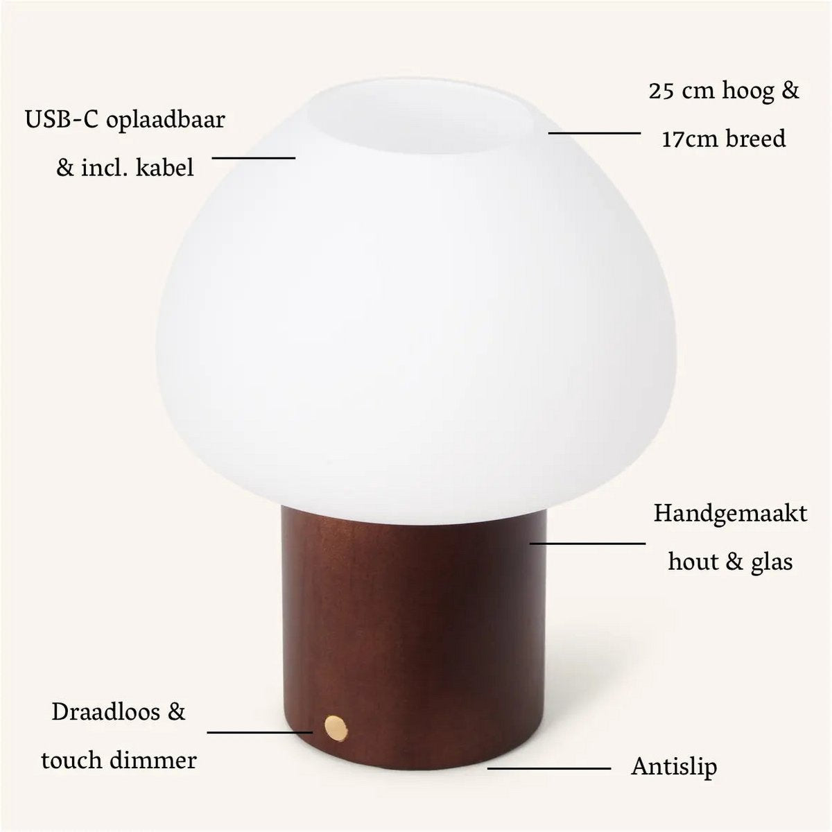 Lampe en bois Fynn marron foncé – Lumière rechargeable et à intensité variable