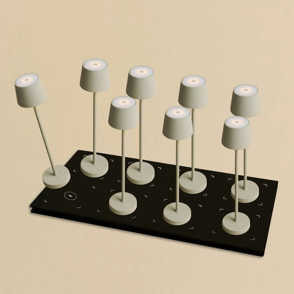 Combi Set Professional - 8 X Vondel Mini Shadow Grey Grey Rechargeable Table Lampes et 1 X Station centrale Station de charge sans fil avec Q1-Technology - Parfait pour les restaurants, l'hospitalité et les hôtels