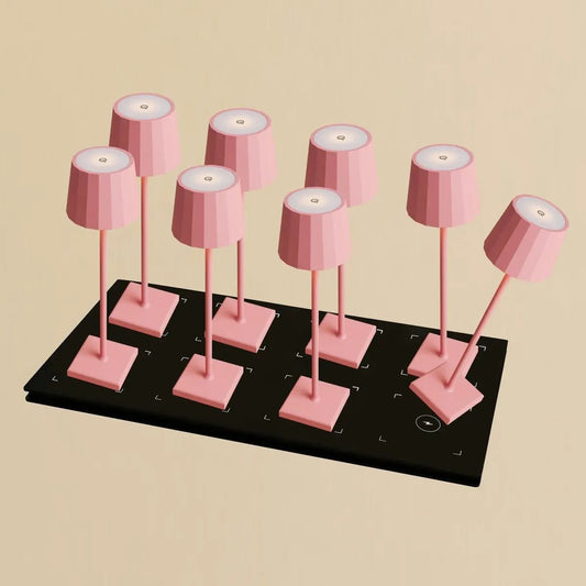 Combi set professionnel - 8 x wouter flamanto rose rechargeable lampes de table et 1 x station de charge sans fil avec Qi-technologie - parfait pour les restaurants, l'hospitalité et les hôtels