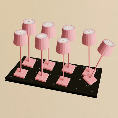 Combi set professionnel - 8 x wouter flamanto rose rechargeable lampes de table et 1 x station de charge sans fil avec Qi-technologie - parfait pour les restaurants, l'hospitalité et les hôtels
