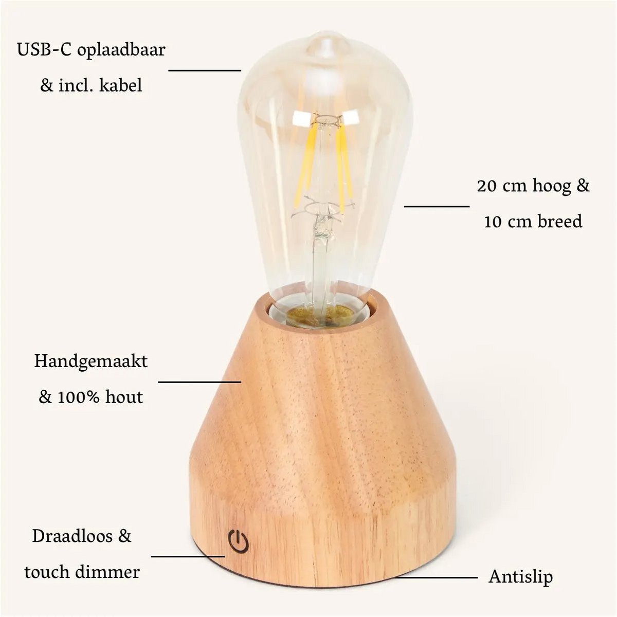 Lampe à LED à LED de recharge Light Zavi Brown - Batterie de 60 heures sans fil.