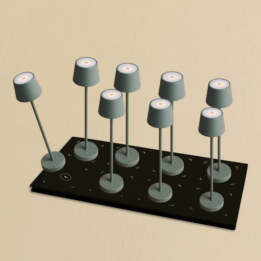 Combi Set Professional - 8 X Vondel Mini Mouse Grey Grey Rechargeable Table Lampes et 1 X Station centrale Station de charge sans fil avec Q1-Technology - Parfait pour les restaurants, l'hospitalité et les hôtels