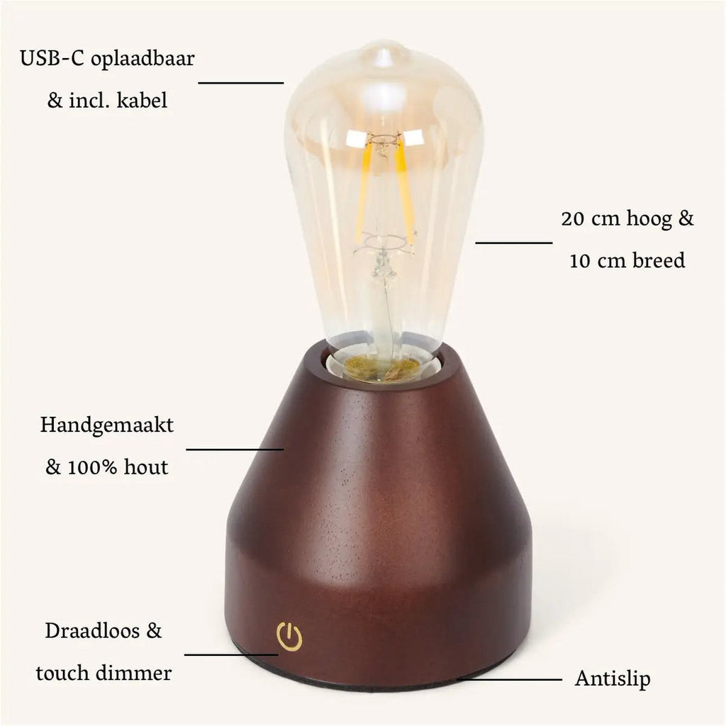 Lampe de table LED rechargeable marron foncé "Zavi" – Sans fil, à intensité variable, batterie de 80 heures