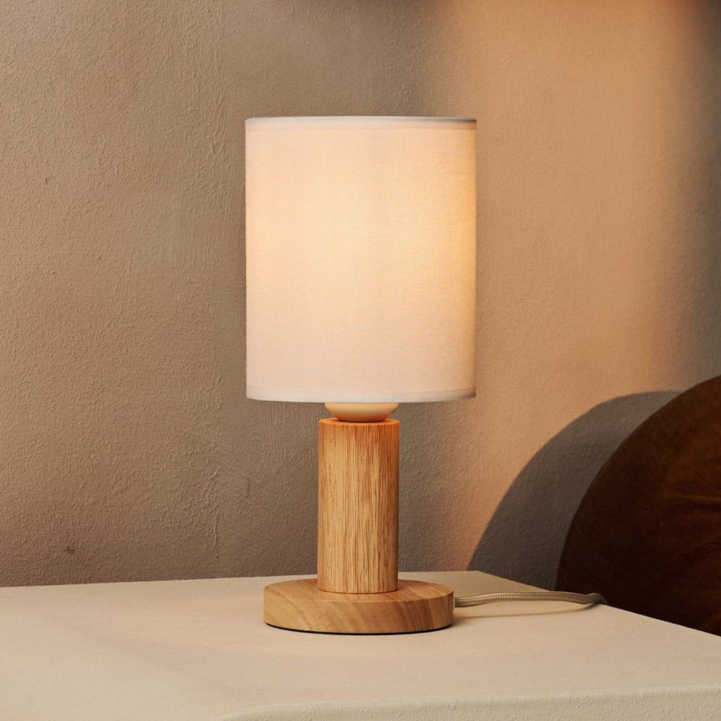 Lampe brun clair "Boris" avec cordon de 2 mètres - lampe à teinte en tissu et base en bois